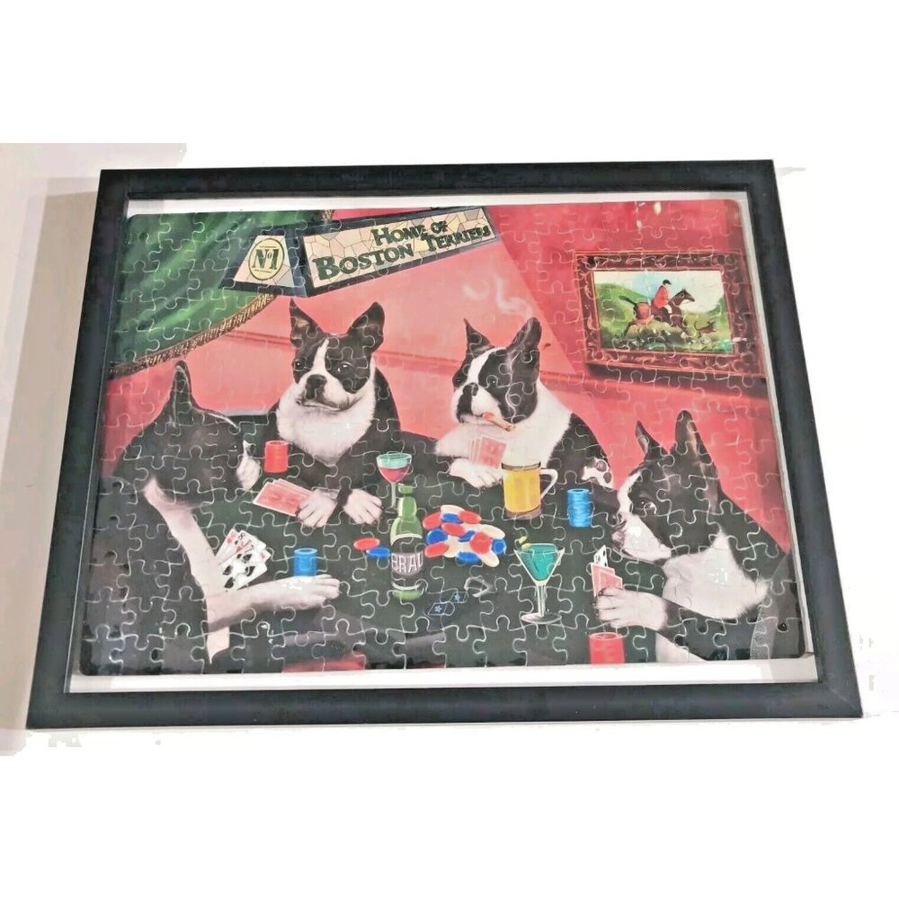 Home of Boston Terriers - Four Dogs Doggie Playing Poker Framed Puzzle 12x15"